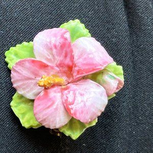 Vintage Dorothy Ann Bone China Pink Hibiscus Flower Brooch